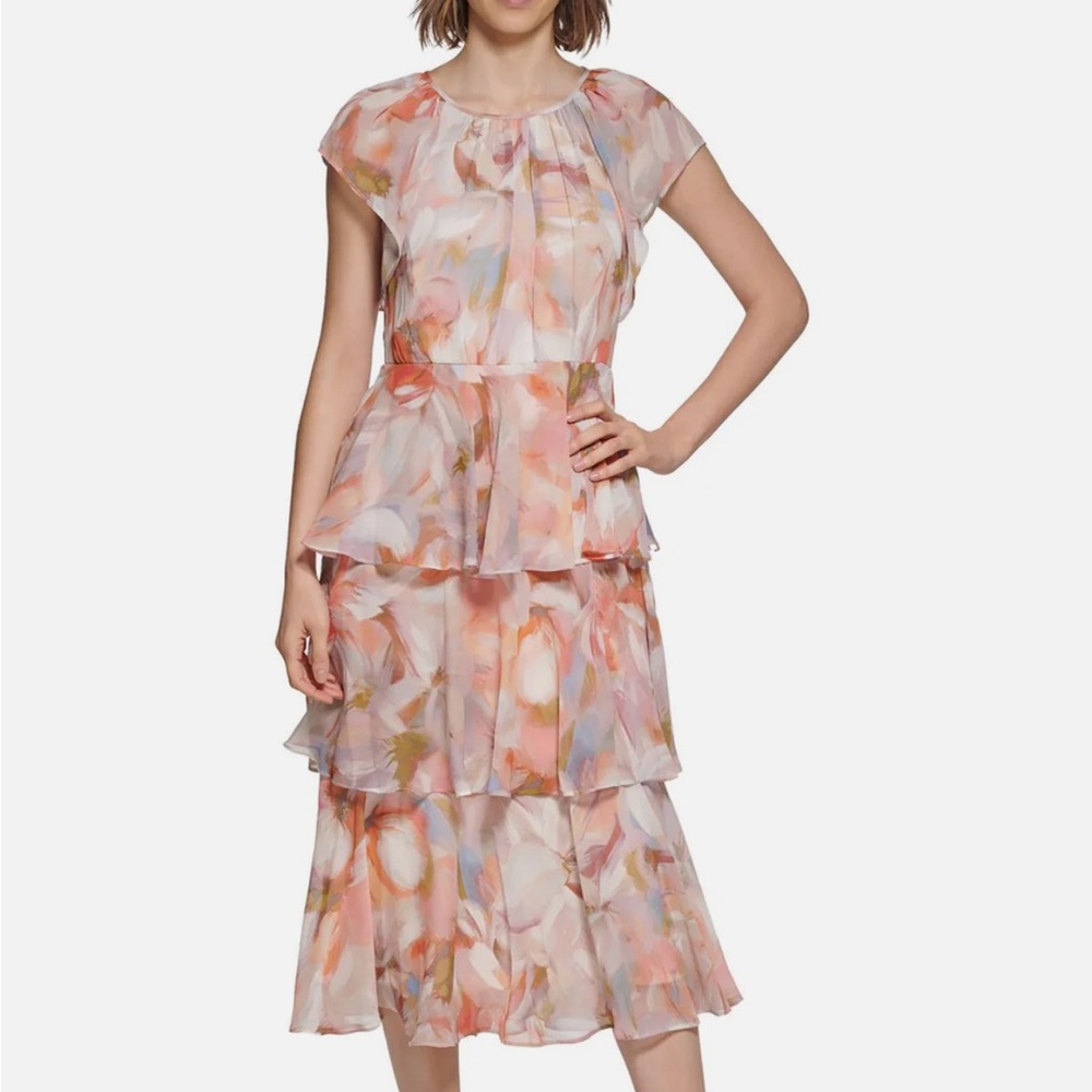 Calvin Klein Watercolor Printed Tiered Dress In Size 14